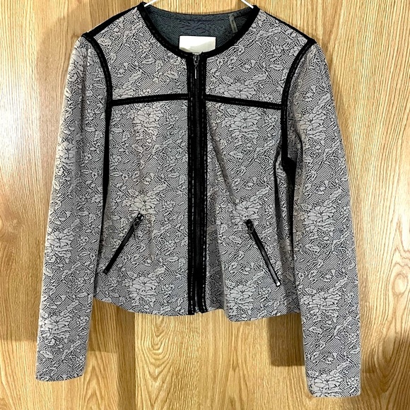 Rebecca Taylor Tan/Black Herringbone Wool/ Lambskin Leather Cropped Blazer - Picture 1 of 7